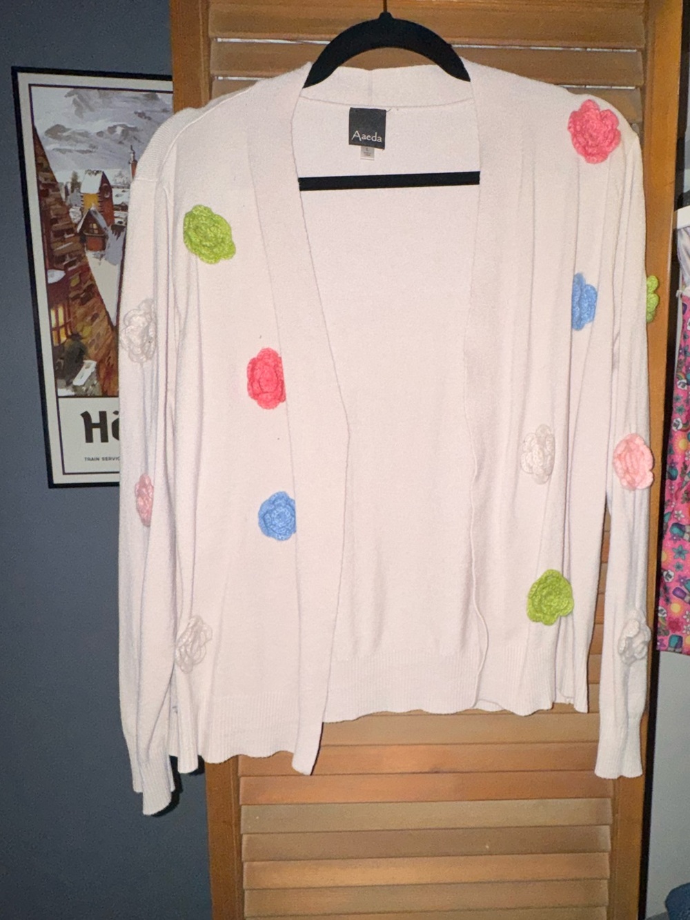 Cream Open-Front Cardigan with Multicolor Knit Flowers